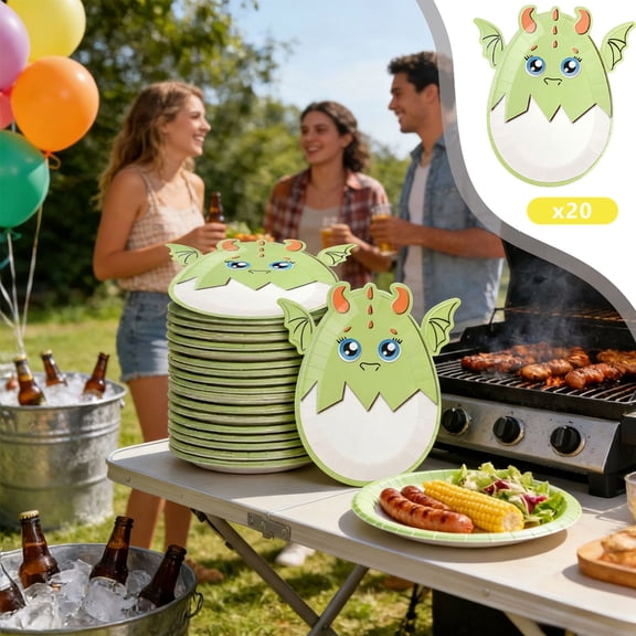 BUTASY 20Pcs Disposable Paper Plates, Small Dinosaur Themed Disposable Plastic Cutlery Party Decor Set