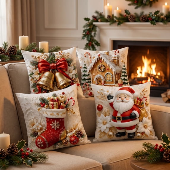 BUTASY 4Pcs Christmas Pillow Cover 18×18 Santa Claus Snowmen Cushion Cases for Sofa Couch Home Xmas Decor
