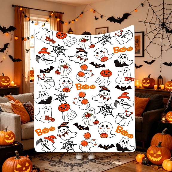 BUTASY Halloween Throw Blanket, Soft Cute Ghost Printed Blanket for Couch Sofa, Cozy Fleece Blanket for Halloween Home Decorations