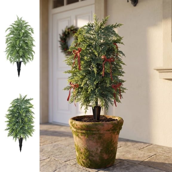 BUTASY Outdoor Christmas Tree, 24In Artificial Cedar Topiary Christmas Trees with Ground Spikes, UV-Resistant Faux Cypress Shrub for Xmas Porch Patio and Garden Decor