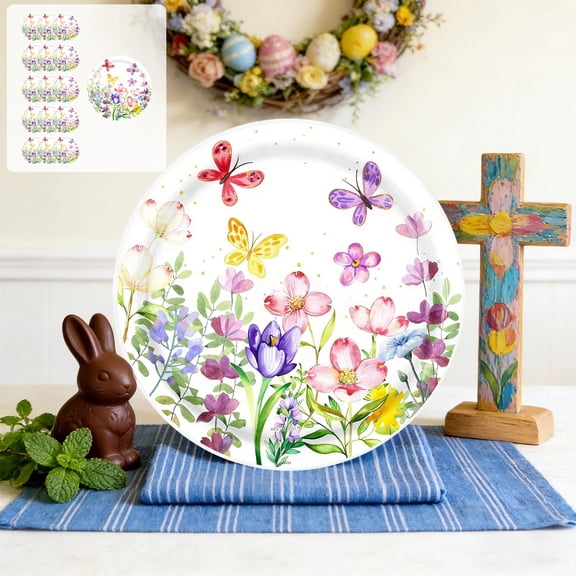 BUTASY Paper Plates Spring Tulips Floral Theme Party Tableware Disposable 7-inchs 9-inchs Paper Plates Paper Cup Tissue Set Of Party-Themed Paper Plates