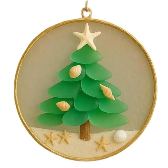 BUTASY Sea Glass Ornaments for Christmas Tree, Handmade Round Christmas Tree Pendant Hanging Ornament for Xmas Party Home Decor