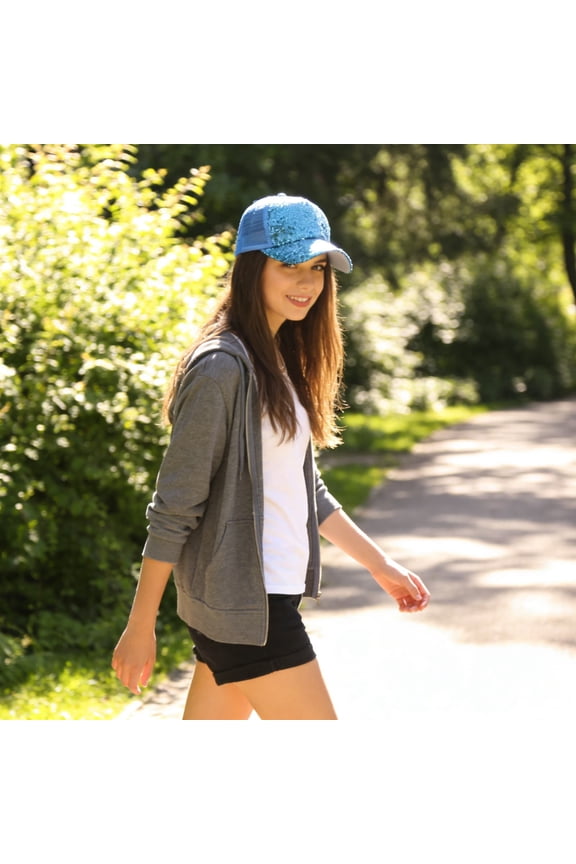 Squin Baseball Cap, Glitter Adjustable Shiny Hat for Women Kids