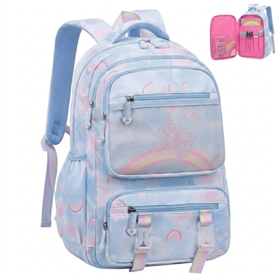 BUTIED Cute Butterfly Backpacks Wide Clamshell Opening Bookbag with Reflective Strips & Multiple Pockets, Waterproof Durable Daypack