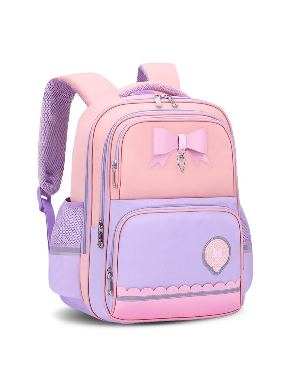 Schoolbag for 6-13, Ergonomic Backpack with Reflectors, Lightweight Books Bag with Cute Bow for Study & Travel