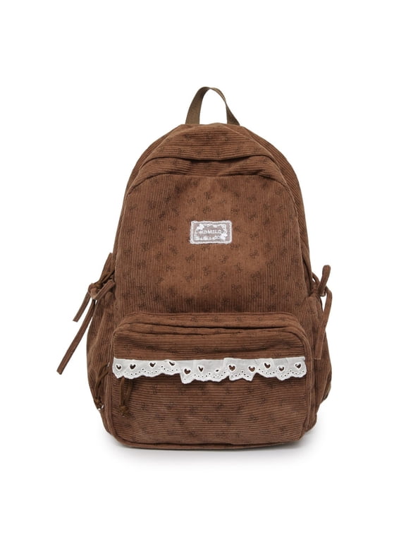 Women's Cute Corduroy Lace Backpack for College, Lightweight Kawaii Bow Print Lace Design Schoolbag
