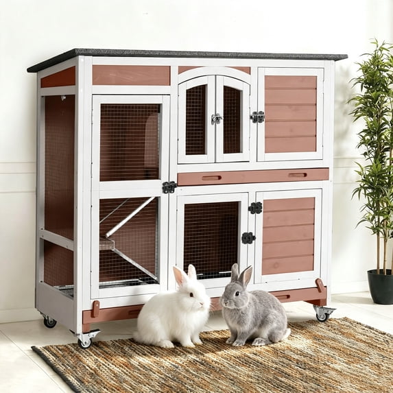 MEDEHOO 47" Two Story Rabbit Hutch with Wheels, Indoor Outdoor Rabbit Cage with Wheels & Leak-Proof Trays for Rabbits, Guinea Pigs(Brown)