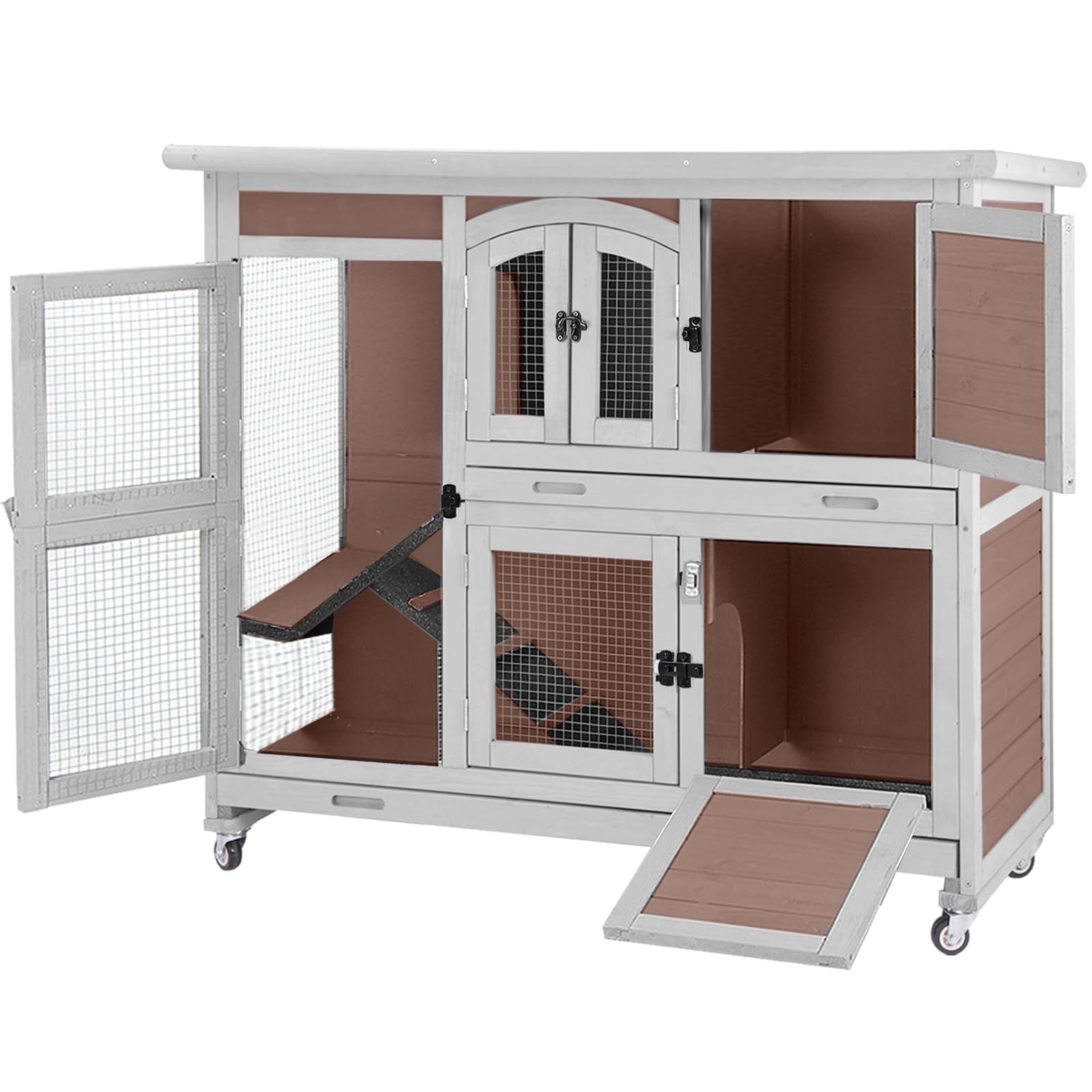 MEDEHOO 47" Two Story Rabbit Hutch with Wheels, Indoor Outdoor Bunny Cage Guinea Pig Cage, 2 Deep No Leak Trays Included, Brown
