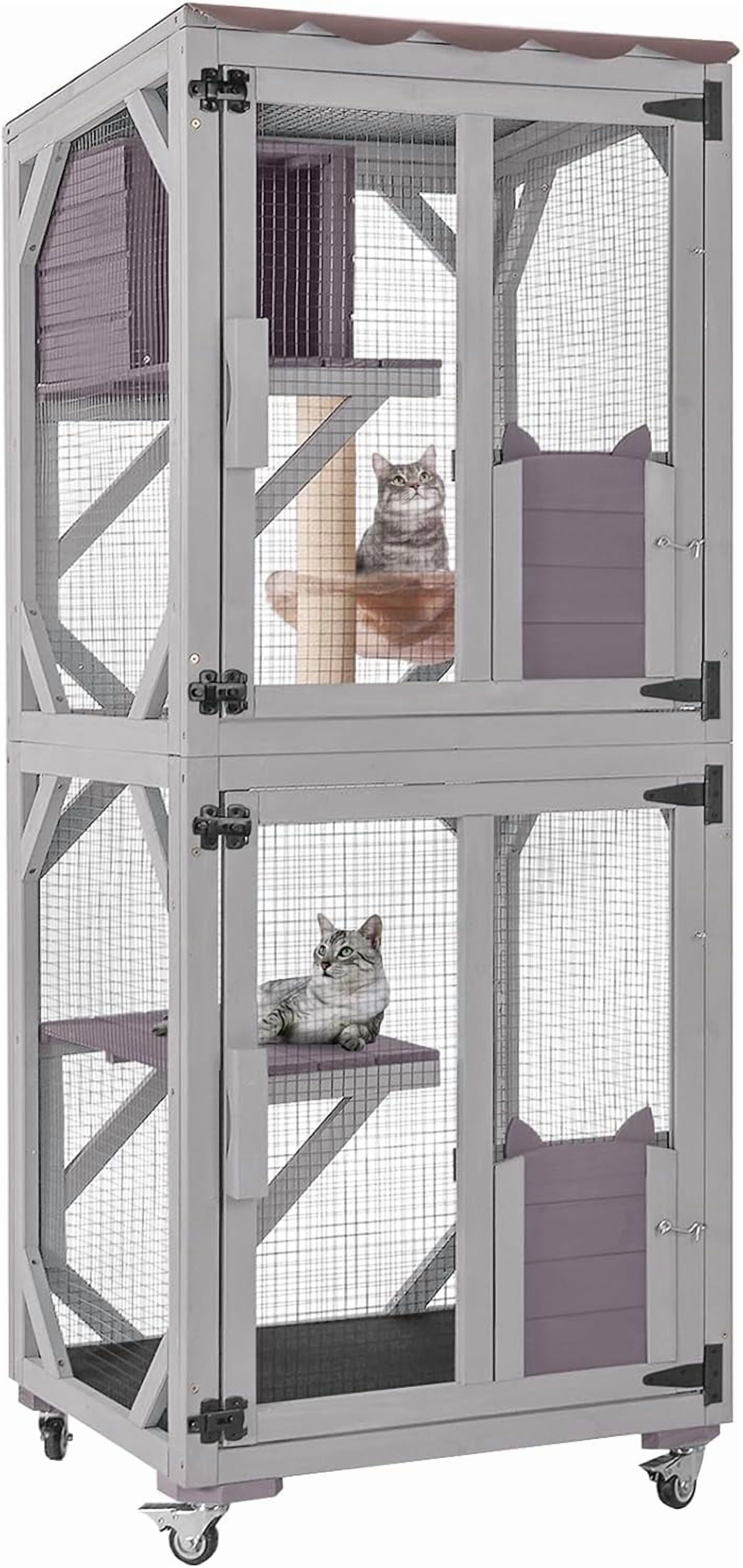 MEDEHOO Cat House Outdoor Catio for Cat Enclosure on Wheels 62.5" Large Kitty Shelter with Waterproof Cover,Indoor Cat Cage with Resting Room,Platforms