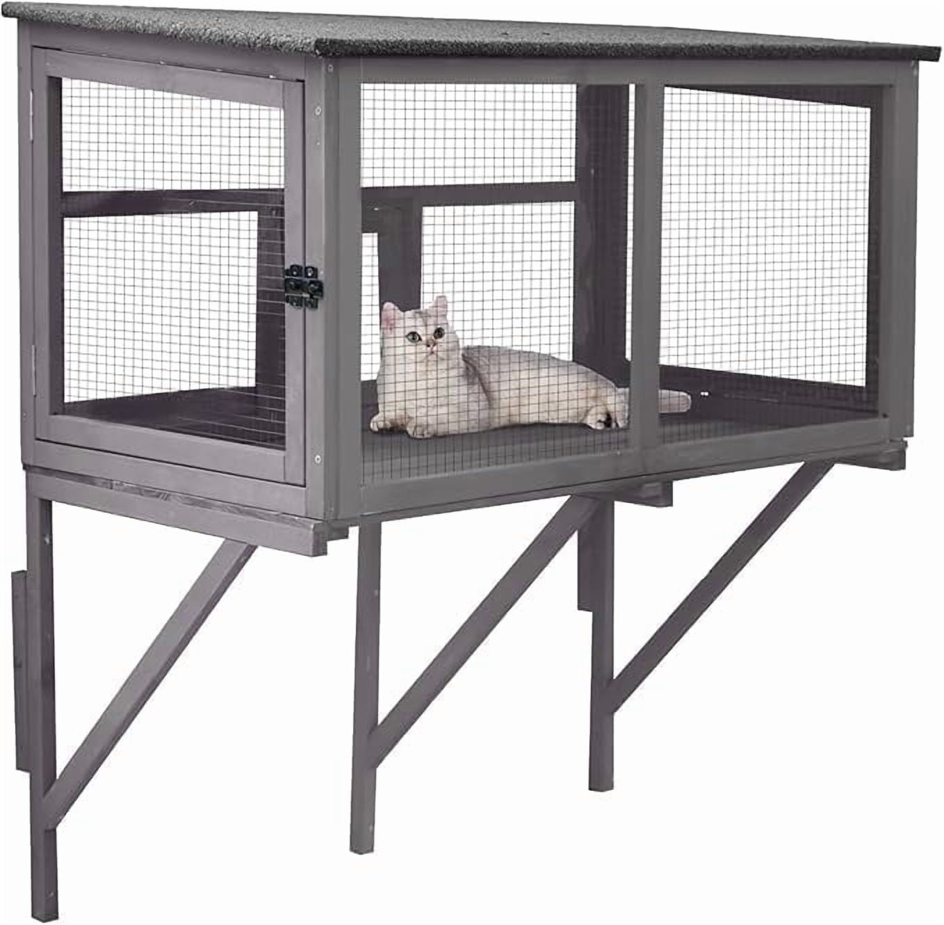 MEDEHOO Outdoor Cat Enclosure & Window Perch - High Density Wire Mesh, PVC Back Door, Bug-Proof (39.4" L × 22.8" W × 43.4" H)