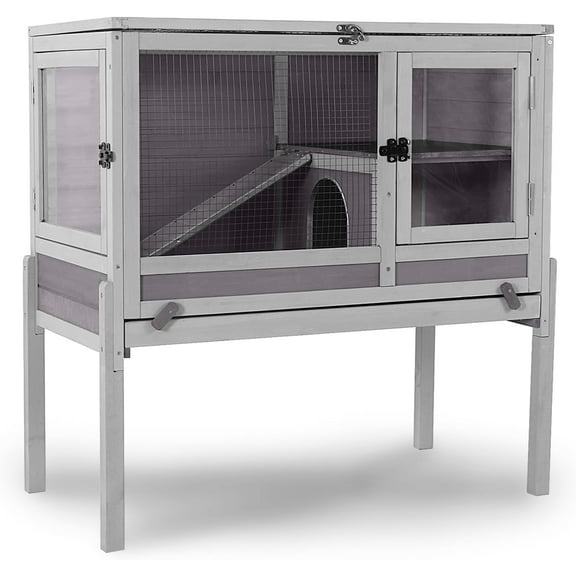 MEDEHOO Guinea Pig Cages with Anti Chewing Edges and Cool Zinc Plate, Indoor Rabbit Hutch with Hideout and PVC Platform, Elevated Legs Hamster Cage 36.6" L (Grey)