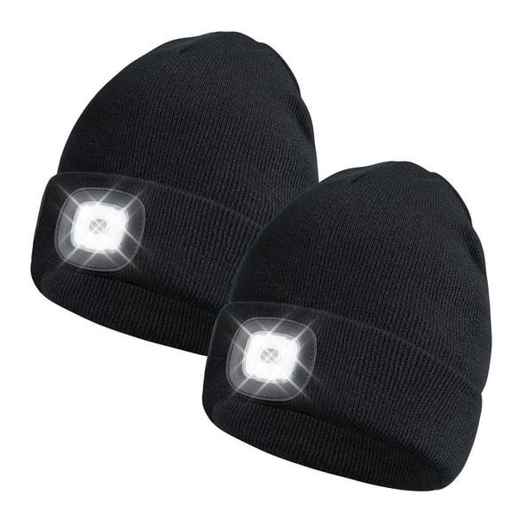 BUTKLNYTS 2 PACK LED Beanie Hat with Rechargeable Headlamp-Warm Knit Cap for Outdoor Activities,Camping,Running,and Hiking Black