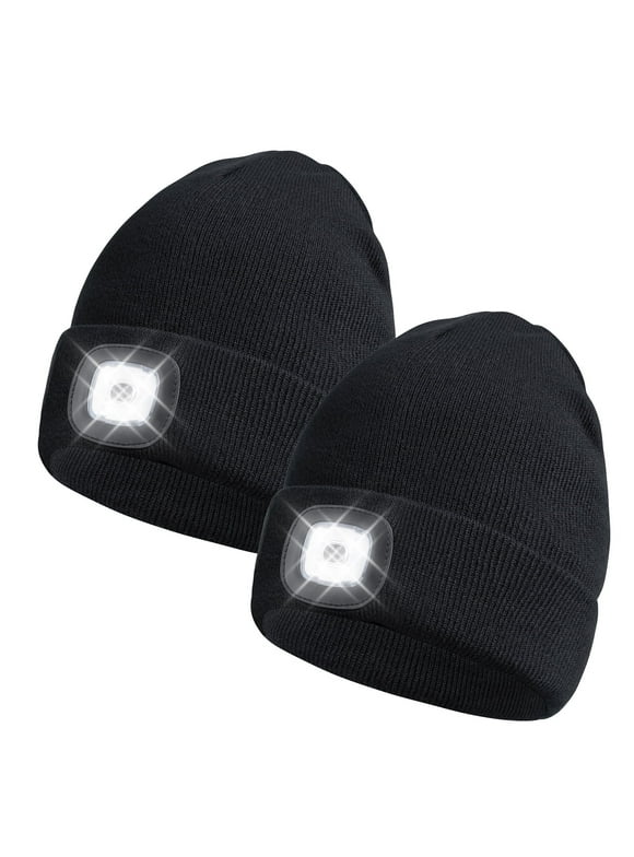 2 PACK LED Beanie Hat with Rechargeable Headlamp-Warm Knit Cap for Outdoor Activities,Camping,Running,and Hiking Black