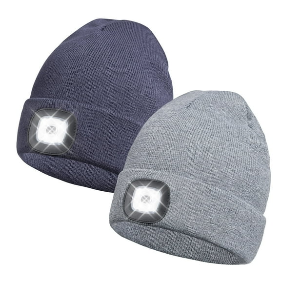BUTKLNYTS 2 PACK LED Beanie Hat with Rechargeable Headlamp-Warm Knit Cap for Outdoor Activities,Camping,Running,and Hiking Dark gray light gray