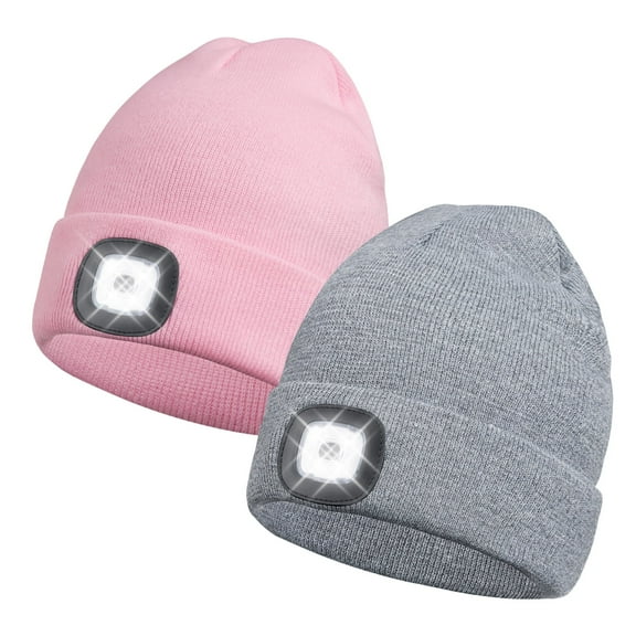 BUTKLNYTS 2 PACK LED Beanie Hat with Rechargeable Headlamp-Warm Knit Cap for Outdoor Activities,Camping,Running,and Hiking Pink light gray