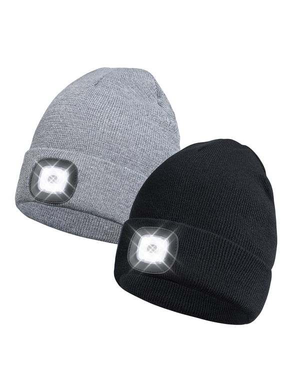 2 PACK LED Beanie Hat with Rechargeable Headlamp-Warm Knit Cap for Outdoor Activities,Camping,Running,and Hiking black+Light Gray