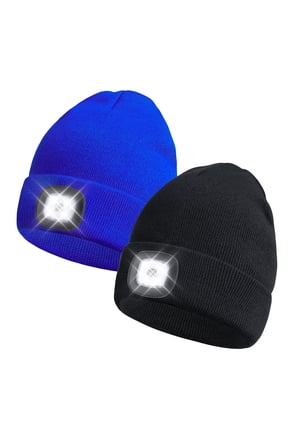 2 PACK LED Beanie Hat with Rechargeable Headlamp-Warm Knit Cap for Outdoor Activities,Camping,Running,and Hiking black+blue