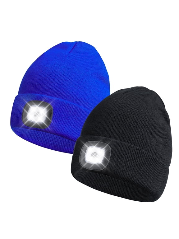 2 PACK LED Beanie Hat with Rechargeable Headlamp-Warm Knit Cap for Outdoor Activities,Camping,Running,and Hiking black+blue