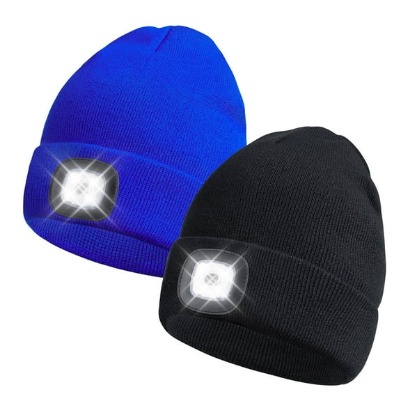 BUTKLNYTS 2 PACK LED Beanie Hat with Rechargeable Headlamp-Warm Knit Cap for Outdoor Activities,Camping,Running,and Hiking black blue