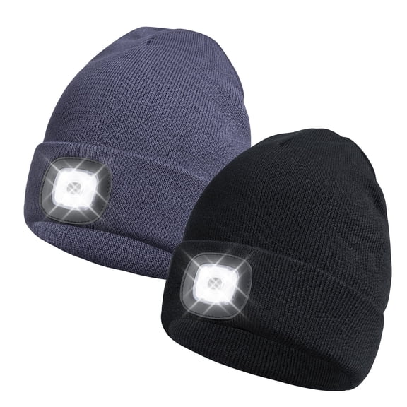 BUTKLNYTS 2 Pack LED Beanie Hat with Rechargeable Light – Warm Winter Knit Cap for Men and Women, Camping, Running, Hiking – Dark Gray + Black