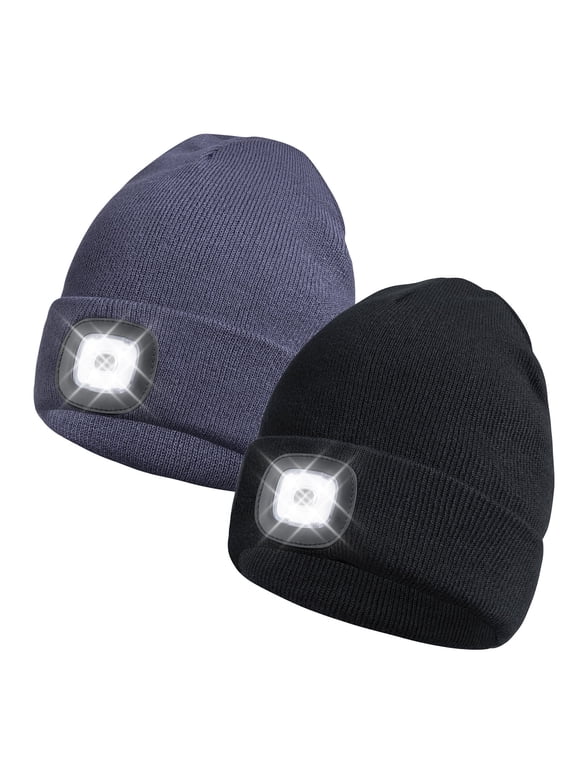 2 Pack LED Beanie Hat with Rechargeable Light – Warm Winter Knit Cap for Men and Women, Camping, Running, Hiking – Dark Gray + Black