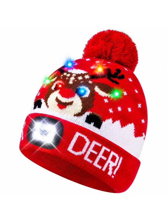 Christmas LED Light Up Beanie Hat with Pom Pom, Flashing Reindeer Knit Winter Beanie, Warm Holiday Party Hat for Men Women Adults