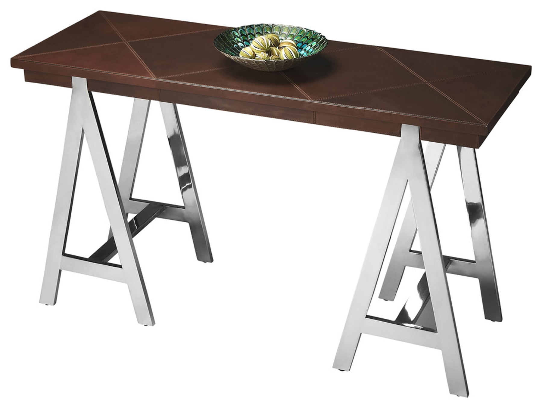 Nickel Finish Metal Console Table with Stitched Leather Top