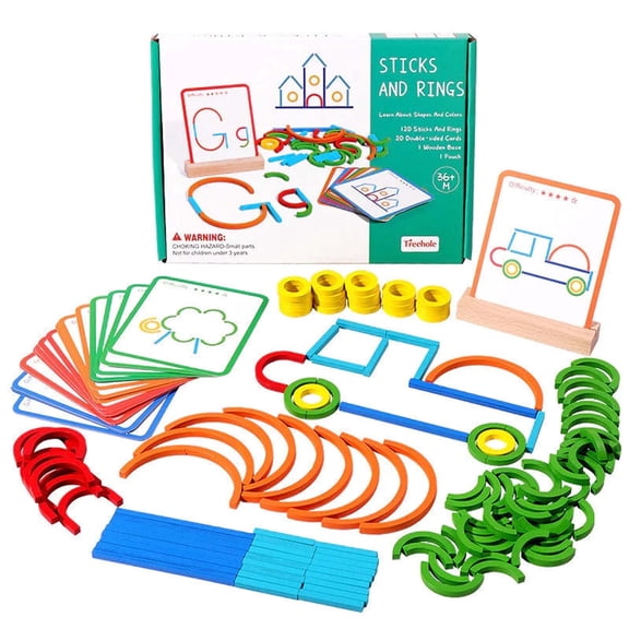 BUTOMKY 120Pcs Montessori Smart Sticks Wooden Toys - STEM Educational Shape Puzzles with Sticks & Rings, Tangram Brain Teaser for Preschool/Kindergarten 3-5 Years Old Boys & Girls