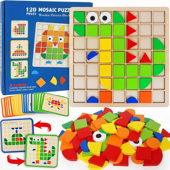 BUTOMKY 120Pcs Wooden Pattern Blocks Mosaic Puzzle Set, Geometric Shape Matching Game with Grid Board & Design Cards, Montessori STEM Educational Toy for Kids Boys Girls Ages 3+