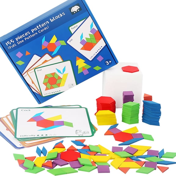 BUTOMKY 155 Pcs Wooden Geometric Pattern Blocks Set, Double-Sided Activity Cards, Shape Matching Puzzle Toys for Kids Ages 4-8 & Cognitive Memory Training for Elderly Dementia Patients