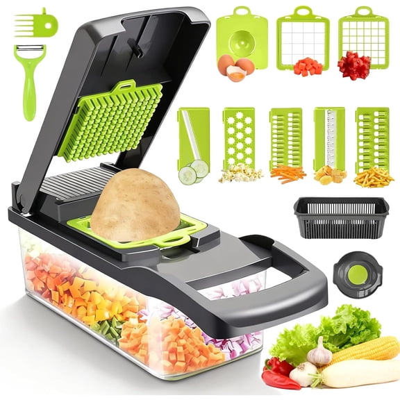 BUTOMKY 16-in-1 Multifunctional Vegetable Chopper - Pro Onion Chopper with 8 Blades, Veggie Slicer Dicer Cutter for Potato, Carrot & Garlic, Includes Storage Container (Grey)