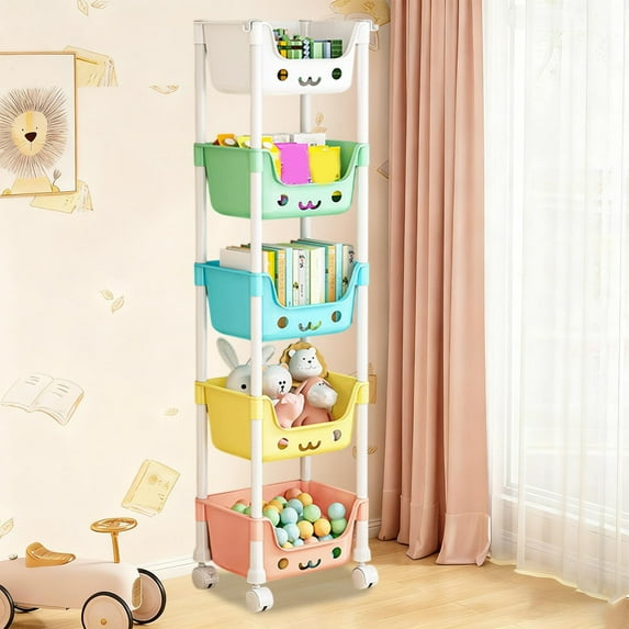 BUTOMKY 5-Tier Plastic Rolling Utility Cart - Lockable Wheels & Classified Stickers, Multicolor Mobile Storage Trolley for Kitchen Office Bathroom Living Room
