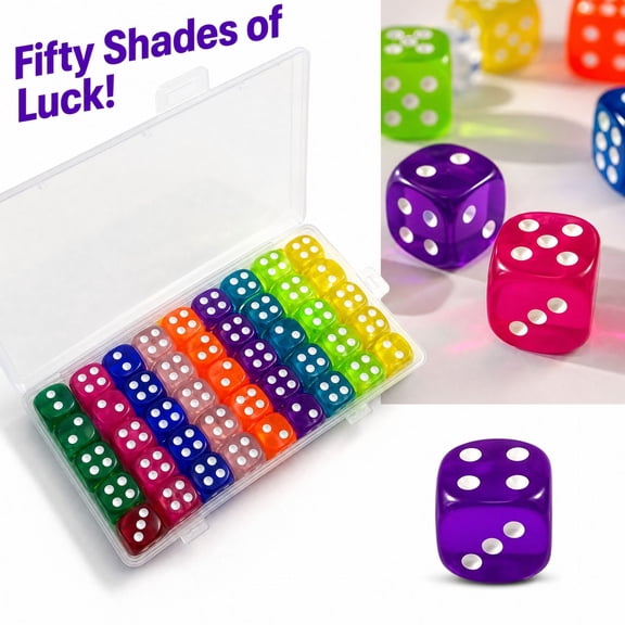BUTOMKY 50 Pieces Dice Set,14mm Standard 6Sided Colored Dice with Plastic Storage Box, High Quality Game Dice for Board Games, Math Learning, Classroom Teaching, Party Games