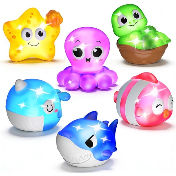 BUTOMKY 6 Packs Light Up Ocean Animal Bathtub Toys for Toddlers 1-3, Water Activated LED Flashing Bathtub Pool Toys for Baby 6-18 Months, Ideal Gifts for Boys Girls