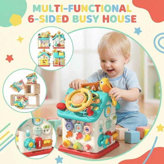 BUTOMKY 6-in-1 Baby Busy Board Activity Cube Montessori Toy for Toddlers 1-3 - Sensory Educational Fine Motor Skills Toy with Music & Lights, Travel & Birthday Gift