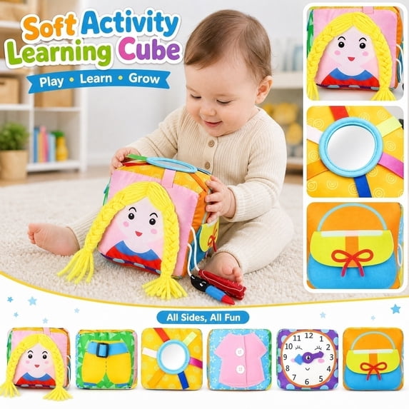 BUTOMKY Baby Toys 6-12 Months,Tummy Time Square Infant Baby Toy, Soft Sensory Toy with Textures, Mirror, for Newborns to Ages 6 Months