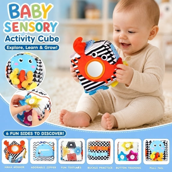 BUTOMKY Baby Toys 6-12 Months,Tummy Time Square Infant Baby Toy, Soft Sensory Toy with Textures, Mirror, for Newborns to Ages 6 Months