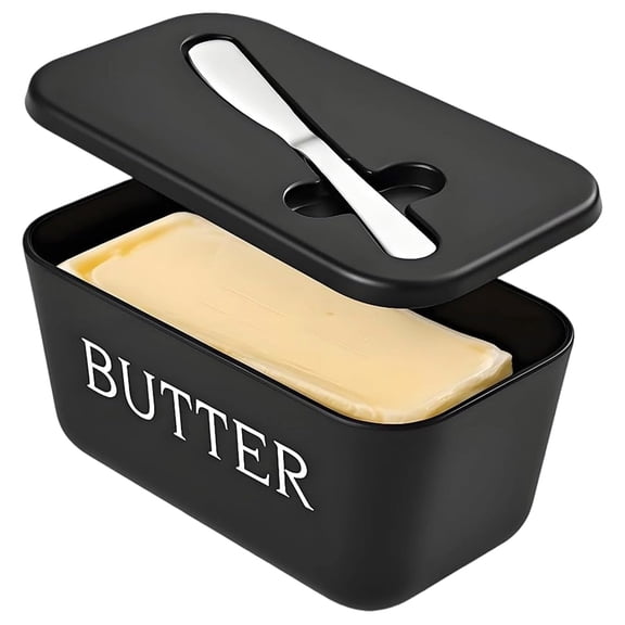 BUTOMKY Butter Dish with Lid - Plastic Butter Storage Container, Large Countertop Butter Keeper for Refrigerator & Kitchen (Includes Butter Knife) White Black