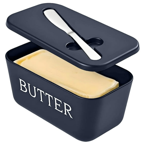 BUTOMKY Butter Dish with Lid - Plastic Butter Storage Container, Large Countertop Butter Keeper for Refrigerator & Kitchen (Includes Butter Knife) White Blue