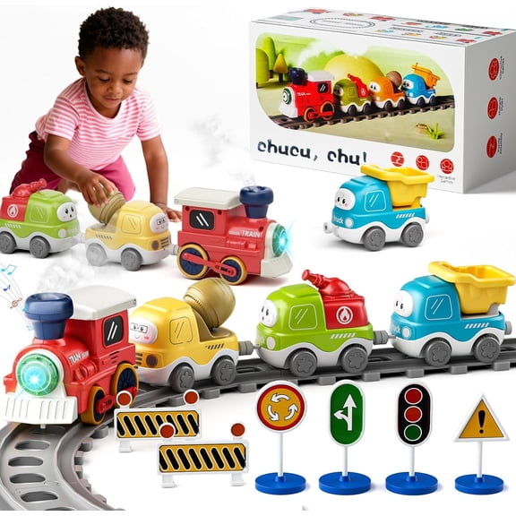 BUTOMKY Electric Magnetic Train Set with Tracks & Road Signs - Toy Train with Lights Sounds for Toddlers, Christmas Birthday Gift for Kids 3-6 Years Old Boys Girls