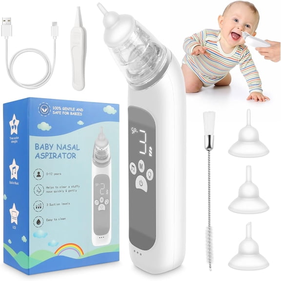 BUTOMKY Electric Nasal Aspirator for Baby & Toddler, Nose Sucker Cleaner with Adjustable Suction, 3 Silicone Tips, Music & Light Soothing Function