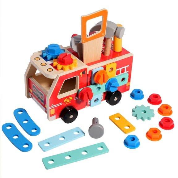 BUTOMKY Montessori Kids Tool Set,33PCS Wooden Toddler Tool Kit - with Workbench Fire Truck, Construction Developmental Learning Toys for 2-6 Year Old Boys Girls Birthday Christmas Gifts