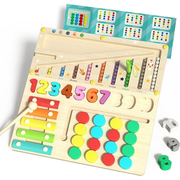 BUTOMKY Montessori Learning Toys for Autistic Children - 4-in-1 Wooden Sensory Toy with Magnetic Color Number Maze, Xylophone, Sliding Puzzle & Number Match for Kids Ages 3+