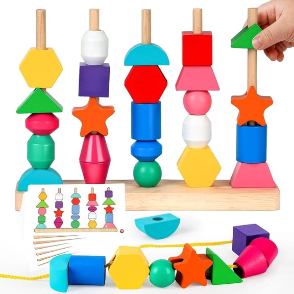 BUTOMKY Montessori Wooden Beads Sequencing & Lacing Toy Set, Stacking Blocks with Shape Color Matching, STEM Preschool Fine Motor Skills Learning Toys for Toddlers Kids Ages 2-5
