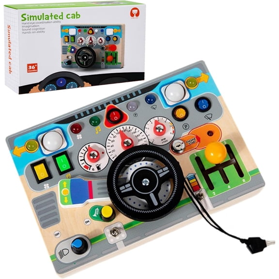BUTOMKY Montessori Wooden Busy Board - Multisensory Fidget Toy with Steering Wheel, LED Light Switch, Zippers & Pop Silicone, Fine Motor Skills Preschool Toy, Travel Toy for Toddlers 18 Months