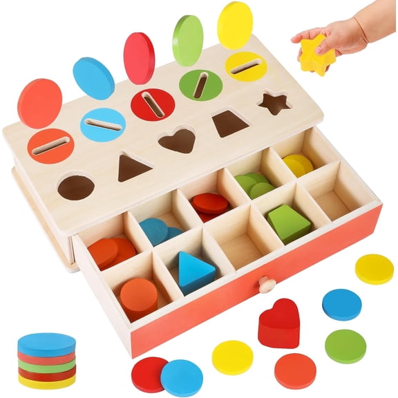 BUTOMKY Montessori Wooden Color & Shape Sorting Box - Coin & Block Matching Early Education Toy, Preschool Learning Manipulatives for Toddlers 1-4 Years Old,Birthday Gift for Boys & Girls