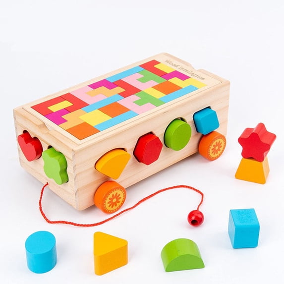 BUTOMKY Montessori Wooden Shape Sorter with Storage Pull cord, Early Educational Number & Shape Sorting Puzzle Toy, Sensory Development Stacking Learning Game for Toddlers 12 Months+
