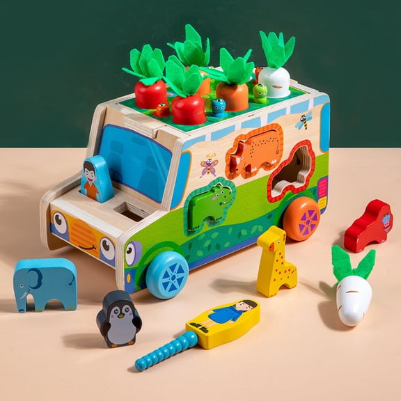 BUTOMKY Multi-Functional Wooden Pull Push Toy Car, Carrot Harvest & Insect Catching Shape Matching Game, Early Education Intelligence Development Activity Play Vehicle Educational Toy