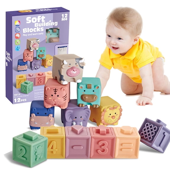 BUTOMKY Soft Squeeze Baby Blocks (12PCS) - Montessori Sensory Blocks, Soft Blocks for Toddlers 1-3, Stacking Blocks & Teething Toys with Numbers/Animals/Shapes, Baby Toys for Infants 6 Months+