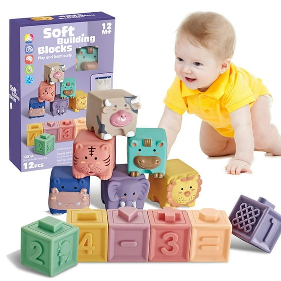 BUTOMKY Soft Squeeze Baby Blocks (12PCS) - Montessori Sensory Blocks, Soft Blocks for Toddlers 1-3, Stacking Blocks & Teething Toys with Numbers/Animals/Shapes, Baby Toys for Infants 6 Months+